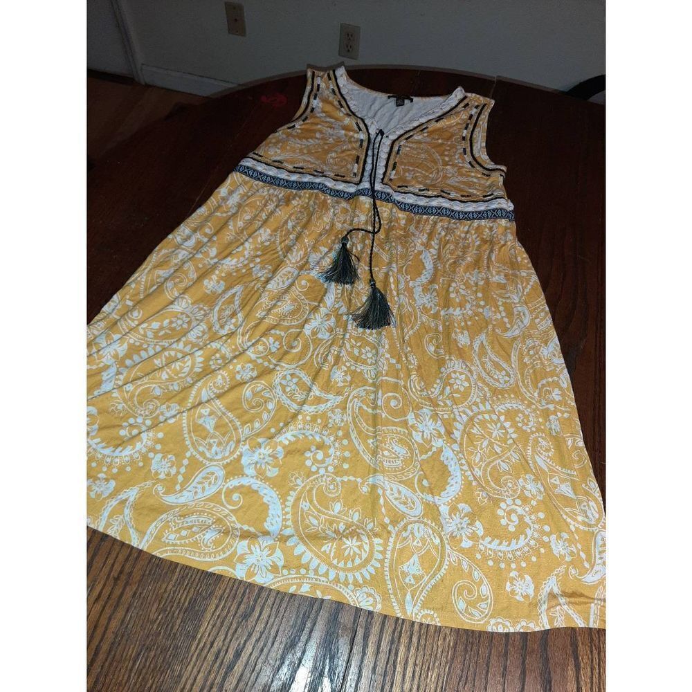 Small Cupio Mustard Yellow White Floral Paisley Boho Style Sleeveless Dress
